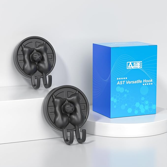 AST Cute Double-Cat Suction Cup Hook, 2 Pack, Heavy Duty Hooks, Upgraded Reliable Force of Both Adhesion and Vacuum, Wall Holders for Loofah, Towel, Coat and Bath Robe, Waterproof Hanger, Matte Black