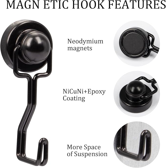 Swivel Magnetic Hooks, Rare Earth Magnet Hooks for Hanging Perfect for Refrigerator, Broiler, Door and Other Magnetic Surfaces, Cruise Essentials (10 Pack, Black)