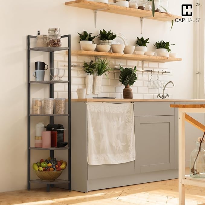 CAPHAUS 5 Tier Corner Shelf, 59.1-Inch Tall Bookshelf, Display Rack With Metal Frame, Round Shelf Unit, Stand for Bathroom, Living Room, Home, Office, Rustic Oak
