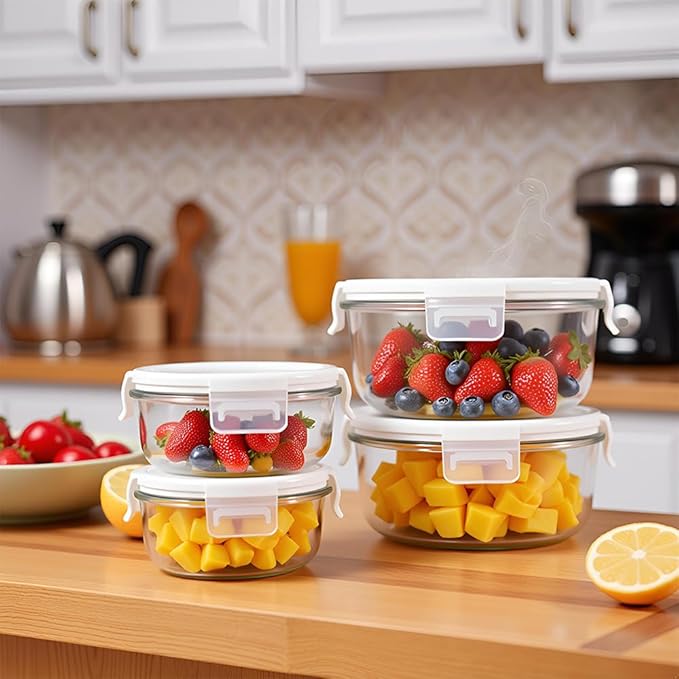 1.5 Cup Round Glass Food Containers with Lids and Folding Spoon, BPA Free Small Round Glass Lunch Containers, 12oz Food Container for Office Meal, Oven, Freezer and Dishwasher Safe (4Pack)