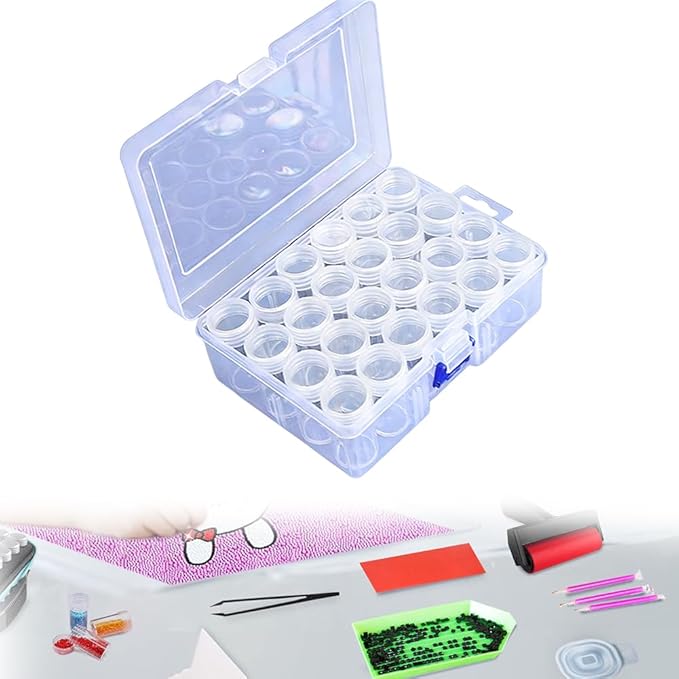 Diamond Art Painting Storage Containers with Lids & Labels - 24pcs Clear Round Beads Organizer Box for DIY Crafts, Jewelry, Small Items | Portable Stackable Art Supply Case with Stickers