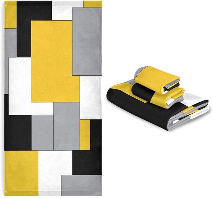 Yellow Black Geometric Bath Towels Set,Ultra Soft 3 Piece White Grey Abstract Modern Towels for Bathroom,1 Bath Towel 1 Hand Towel 1 Washcloth,Absorbent Quick Dry Decoractive Bathroom Towels
