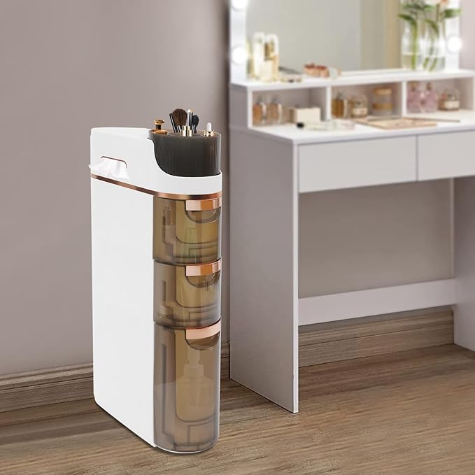 Xuthusman 3 Tier Slim Bathroom Storage Cabinet, Skinny Bathroom Storage Cabinet with Drawers Rollers Movable Narrow Floor Cabinet No-Assembly Narrow Cabinet for Small Spaces Kitchen