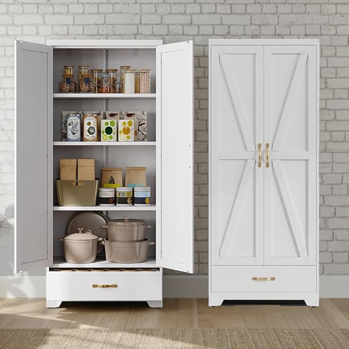 DWVO 62" Pantry Cabinet with Doors and Shelves, Metal Kitchen Storage Cabinet with Magnetic Door & Adjustable Shelves, Farmhouse Tall Cabinet for Dining Room, Kitchen, White