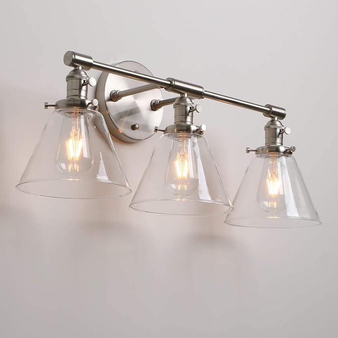 Permo Vintage Industrial Antique Three-Light Wall Sconces with Funnel Flared Clear Glass Shade (Brushed)