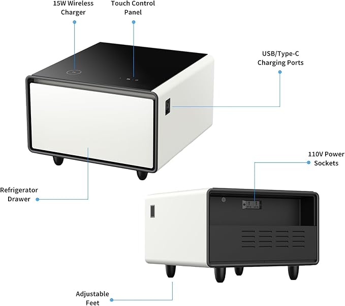 Smart Side Table with Fridge, Smart Nightstand with Refrigerator, Induction Light, Temperature Control, Wireless Charging, Power Socket, USB Ports, Outlet Protection (White, LT65 Pro)