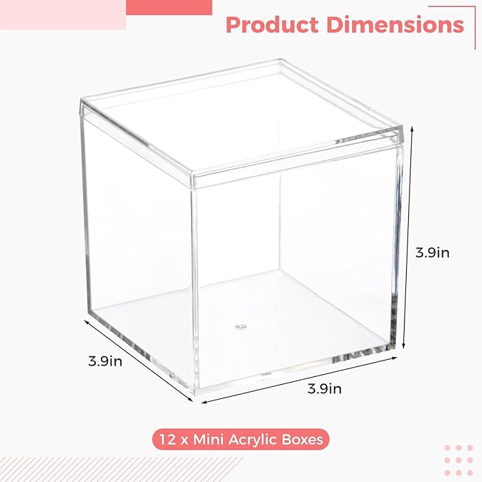 Homaisson 12 PCS Acrylic Square Cube 4 x 4 x 4 Inches, Small Clear Plastic Display Boxes with Lids, Clear Acrylic Storage Square Cube Boxes, Display Case Container for Candy Jewelry Tiny Items