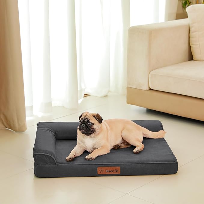 Orthopedic Memory Foam Dog Bed, Removable Washable Microsuede Cover, TPU Waterproof Liner, Nonskid Bottom, for Indoor, Outdoor, Crate & Car Use, 35x23x6 Inches, Dark Grey