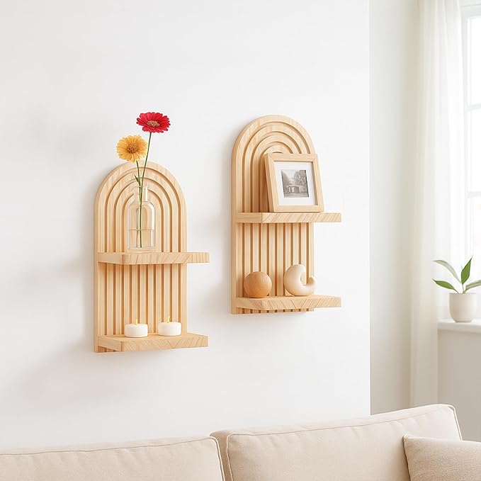 Artilady 2 Pack Boho Wall Hanging Shelves - 2 Tier Handmade Rainbow Arch Solid Wood Floating Shelf Wall Decor Trinket Storage Rack for Bedroom Living Room Nursery Bathroom