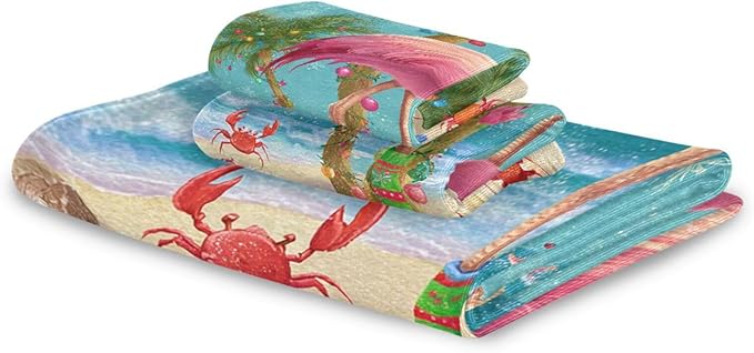 Christmas Winter Towels Set of 3 Christmas Tropical Flamingo Palm Tree Crab Bathroom Towel Soft Absorbent Bath Hand Towels Washcloth Guest Towel Sets Xmas Holiday Decor