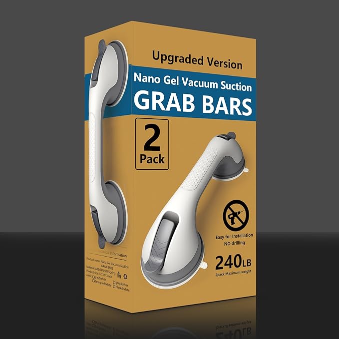 2 Pack Grab Bars for Bathtubs and Showers, Suction Grab Bar, Heavy Duty Shower Handle Removable Bath Handrails for Seniors and Elderly, Bathroom Safet