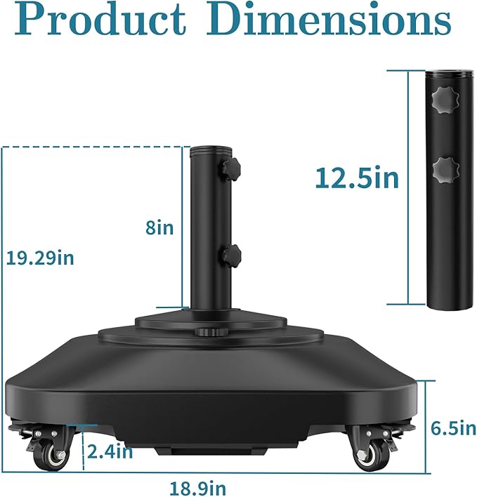 Umbrella Base,Heavy Duty Patio Umbrella Stand with 5 Wheels, Max 100lb Fillable Umbrella Holder Wind-Resistant, Mobile Square Market Stand for Outdoor, Deck, Poolside, Lawn (19 in)