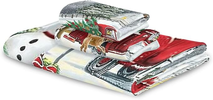 Red Xmas Tree Truck Winter Snowflake Dog Towels Set of 3 Christmas Winter Bathroom Towel Soft Absorbent Bath Hand Towels Washcloth Guest Towel Sets Merry Christmas Xmas Bathroom Decor Gifts