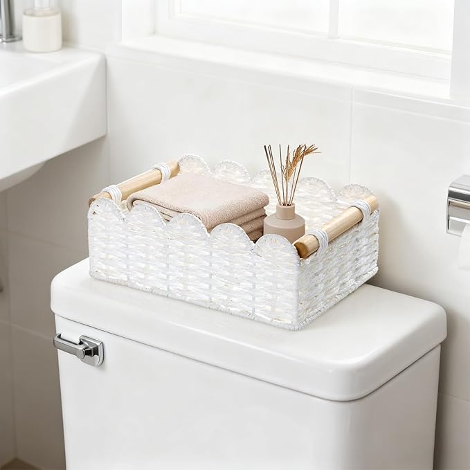 2 Pack Scalloped Wicker Basket Paper Rope Storage Baskets with Wooden Handles Hand-Woven Organizer Bin Wicker Storage Baskets for Organizing, Home Decor (White)