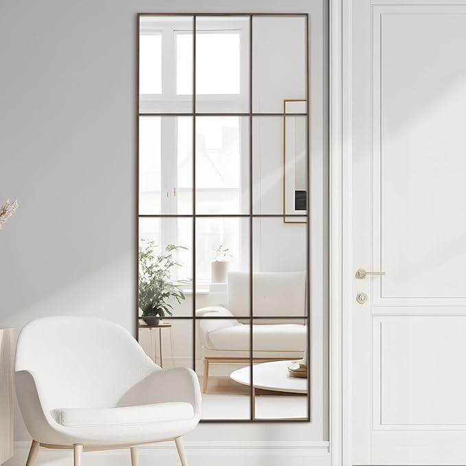 Windowpane Mirror Full Length 71"x30" Wall Mounted Mirror Faded Bronze Frame Vintage Distressed Art Pane Leaning Hanging Wall for Home Decor in Living Room Bedroom Hallway Entrance