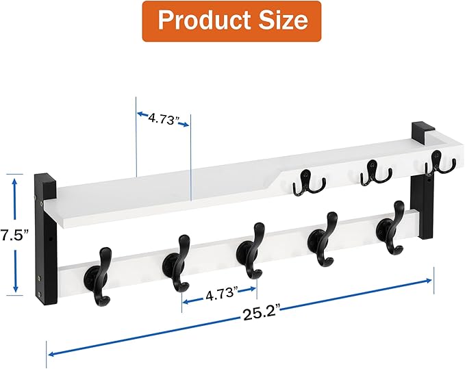4 in 1 Coat Rack Wall Mount with Shelf, Coat Hooks 25.2" Entryway Coat Hanger with Key Hooks and Mail Holder, Wall Hooks with Shelf, Hat Rack for Wall Key Holder Mail Organizer