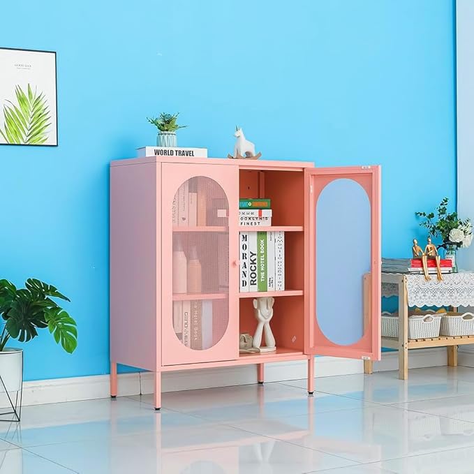 Pink Metal Locker Storage Accent Cabinets with 2 Adjustable Shelves, 3 Tier Metal Storage Cabinet with Legs, Steel Cupboard Lockers for Kids Bedroom, Home, Office, Entryway, Kitchen (Mash Door)
