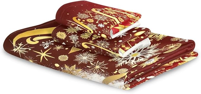 Golden Snowflakes Christmas Tree Forest Towels Set of 3 Winter Red Snowy Christmas Bathroom Towel Soft Absorbent Bath Hand Towels Washcloth Guest Towel Sets Xmas Holiday Decor