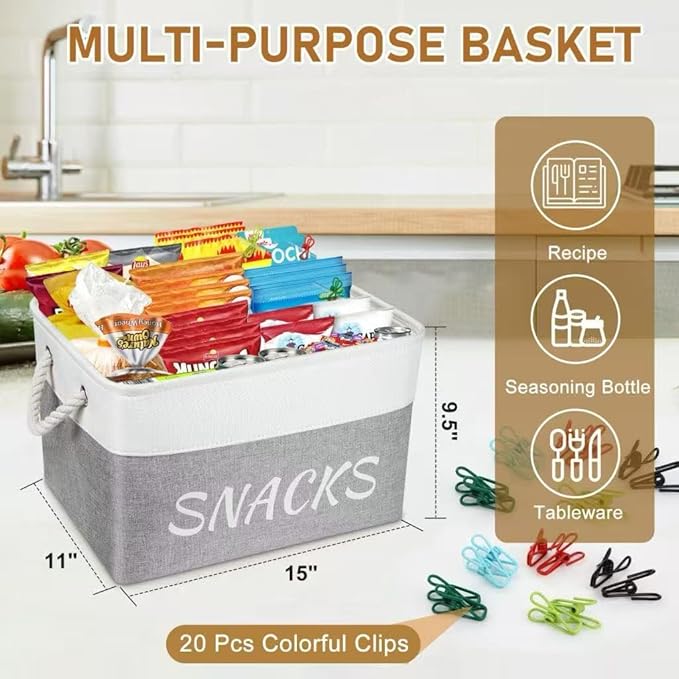 Snack Organizer for Pantry, Decorative Snack Basket with 10pcs Chip Clips, Snack Organizer for Desktop, Collapsible Shelf, Office, Kitchen and More (Grey, Medium-2 Pack)