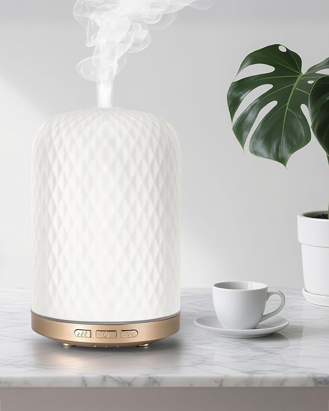 Essential Oil Diffuser - 2.4MHz Ultrasonic Ceramic Diffuser for Home, 120ml, Pulse&Continuous Mist, Bright/Dim/Breathing Lighting, Waterless Auto-Off, Aromatherapy Diffuser with USB Cable