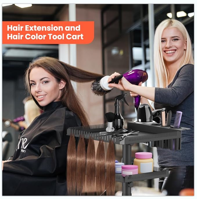 TASALON Professional Hair Extensions Organizer Cart Metal Salon Tray Cart with 2 Magnetic Bowls, Hair Dryer Holder,Adjustable Rolling Base, Black