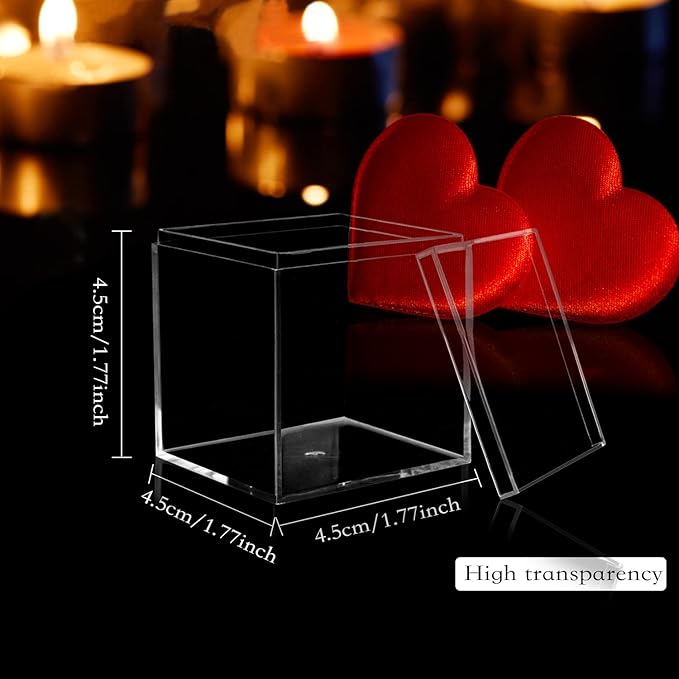 Clear Plastic Square Cube,15 Pack Small Acrylic Plastic Storage Box with Lids Transparent Clear Square Containers Display Boxes Gift Box with Glitter Ribbon for Candy Pill Jewelry Christmas (1.8