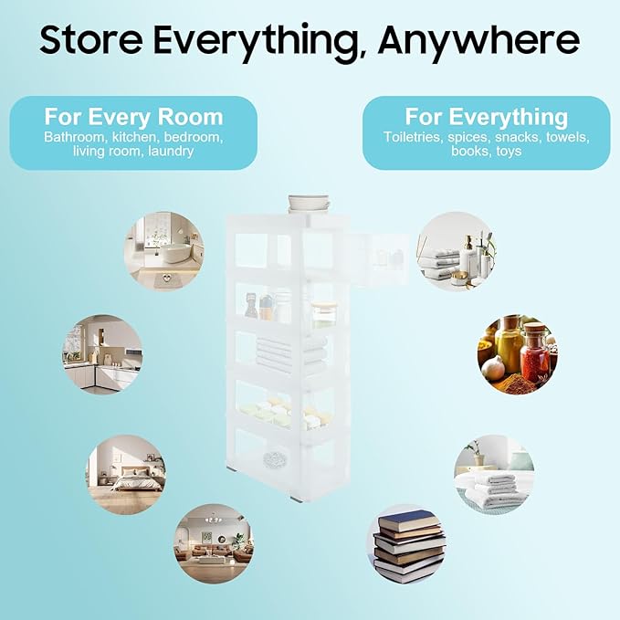 Narrow Plastic Drawers Cabinet, Multi-functional Plastic Tower Organizer with Wheels for Small Space Bathroom Bedroom Kitchen Offices Dormitory, 7 * 15 * 33in (White)