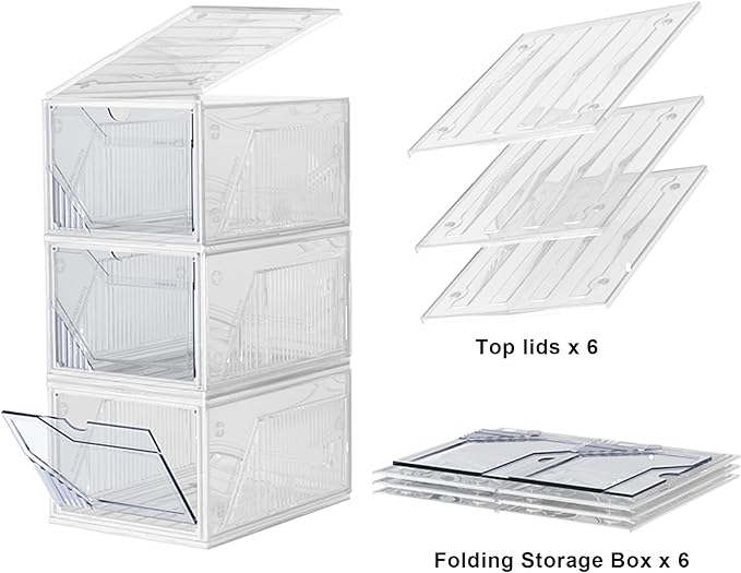 AWTATOS Shoe Boxes with Magnetic Door, Stackable Shoe Storage Organizer with Lids, Folding Shoe Rack for High Heels, Thickened Sneaker Storage Container, 6 Pack, Clear