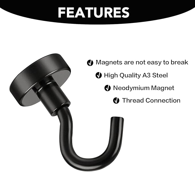 E BAVITE Black Magnetic Hooks, 30Lbs Heavy Duty Earth Magnets with Hook, Extra Strong Cruise Hook for Hanging, Home, Kitchen, Office, Cruise – 10pack