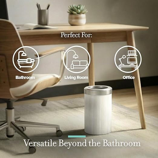Gatco Small Bathroom Trash Can with Lid, Round 3 Gallon Wastebasket, Under Sink, White Oak with Satin Nickel, for Bathroom, Bedroom, Office (1932SN)