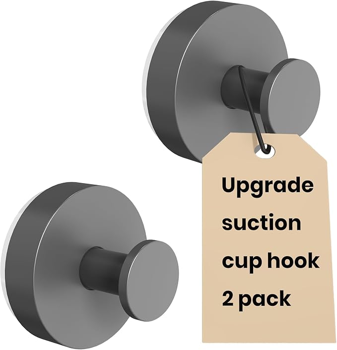Vacuum Suction Cup Hooks for Shower 2 Pack, Heavy Duty Aluminum Alloy Towel Hooks for Bathroom Kitchen Glass Tile Wall No Drill Removable Robe Loofah Coat Suction Hooks Hanging-Space Grey