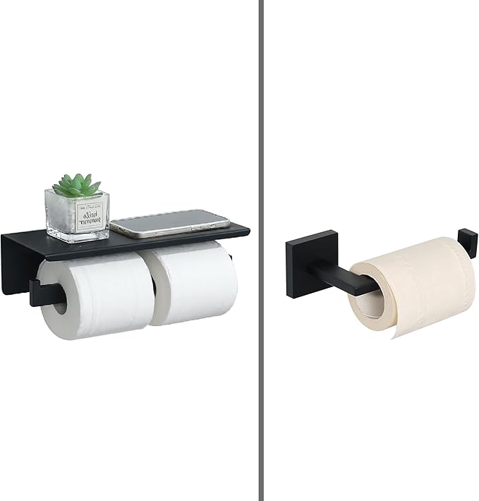 Alise Double Toilet Paper Holder,Bathroom Tissue Holder with Shelf,SUS304 Stainless Steel Toilet Paper Roll Holder Storage Dispenser,Self Adhesive or Wall Mount Drilling Paper Rack,Matte Black
