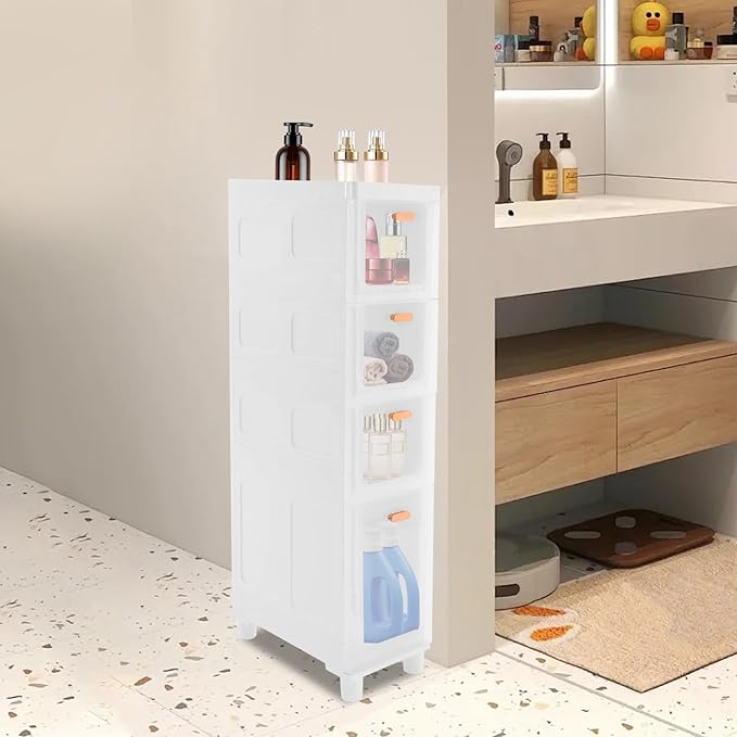 Slim Bathroom Storage Cabinet with 4 Drawers, Bathroom Floor Storage Cabinet, Narrow Storage Organizer for Small Spaces