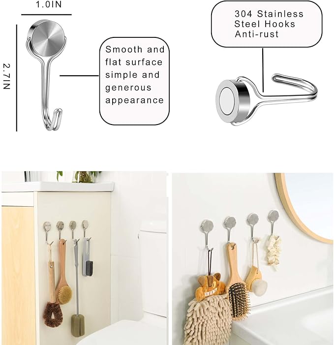 Magnetic Hooks, Heavy Duty 304 Stainless Steel Magnet Hooks for Cruise Refrigerator Grill,Strong Magnet with Hooks for Home Kitchen, Garage Toolbox,4pack (Silver,1.1in-1 22Lbs)