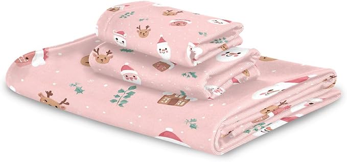 Christmas Winter Towels Set of 3 Christmas Symbol with Pink Bathroom Towel Soft Absorbent Bath Hand Towels Washcloth Guest Towel Sets Xmas Holiday Decor