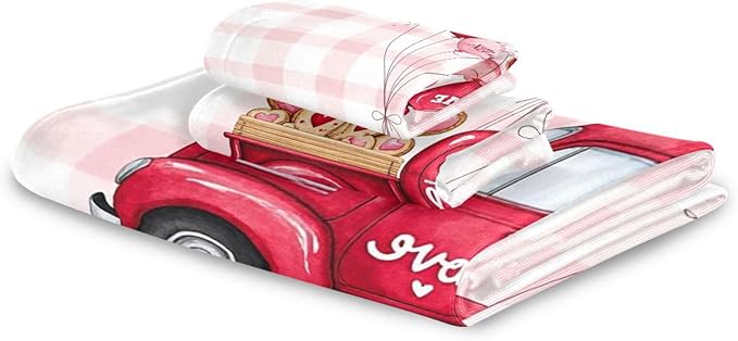 Pink Heart Truck Plaid Towels Set of 3 Romantic Love Car with Ballon Spring Bathroom Towel Soft Absorbent Bath Hand Towels Washcloth Guest Towel Sets Mother's ValentineDecorations