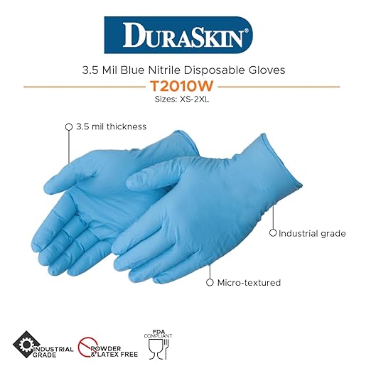 DuraSkin T2010W Nitrile Disposable Gloves, 3.5 Mil - Blue, X-Large | Powder-Free, Micro-Textured, Industrial Grade | for Janitorial, Cleaning, Manufacturing (Box of 100)
