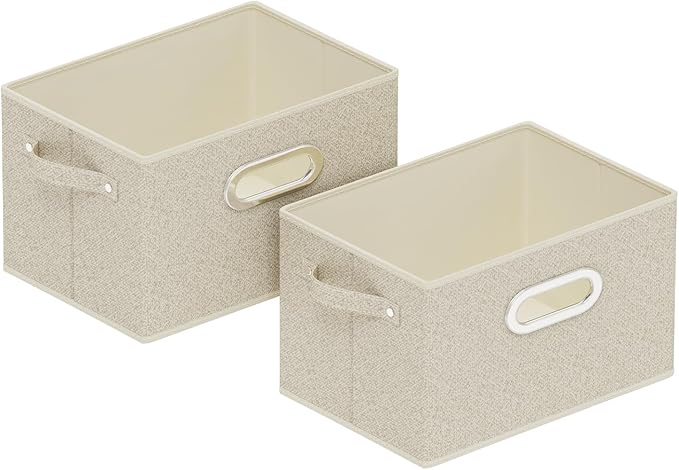 Open Storage Baskets, Collapsible Cube Bins, Fabric Container Organizer with Metal Handles, Boxes for Shelves, Closet, Living Room, 10.2x7.9x6.7in, Grey and Beige, 2 Pack