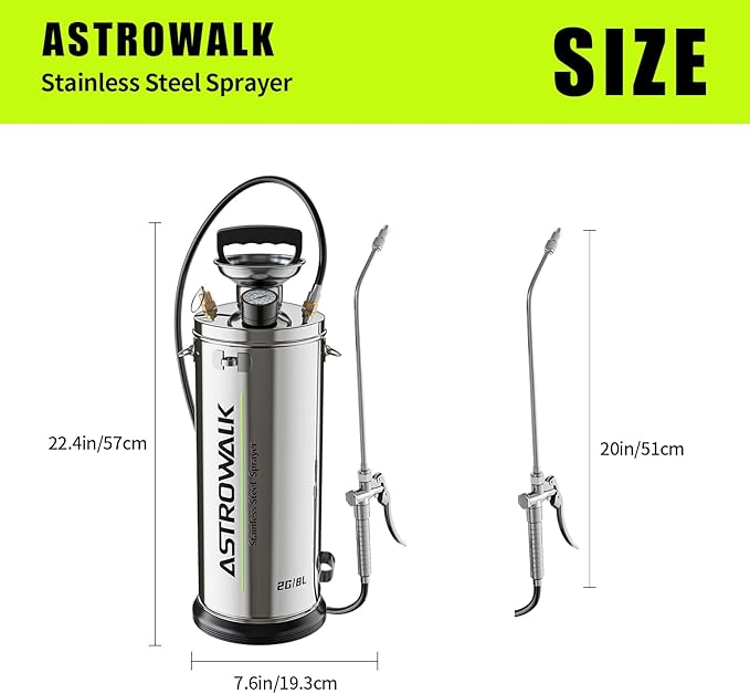 2 Gallon Pump Sprayer, Heavy Duty Stainless Steel Sprayer with 20" All-Steel Wand & 4FT Hose for Commercial, Farm, Solvent & Concrete, Includes Viton Seals and Gloves