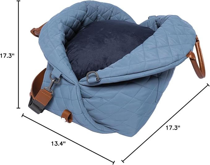 4 Cats & Dogs Mew Mew Travel Pet Bed โ Soft Carrier for Small Dogs & Cats, Water-Resistant Quilted Shell, Adjustable Belts for Car Travel, Anti-Slip Bottom, Portable Pet Bed & Travel Bag - Blue Steel