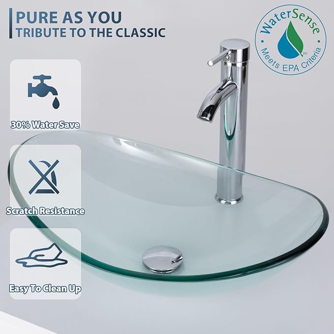 eclife 48" Modern Bathroom Vanity Sink Combo Freestanding Cabinet with Small Side Cabinet, Clear Boat Glass Vessel Sink, Water Save Faucet, Drain (White+A29TT)