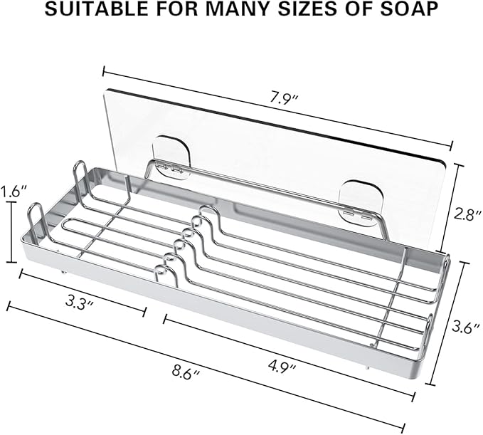 TOMIR Double Bar Soap Holder for Shower Wall with 4 Hooks, Stainless Steel Adhesive Soap Dish for Bathroom Accessories Organizer, Silver