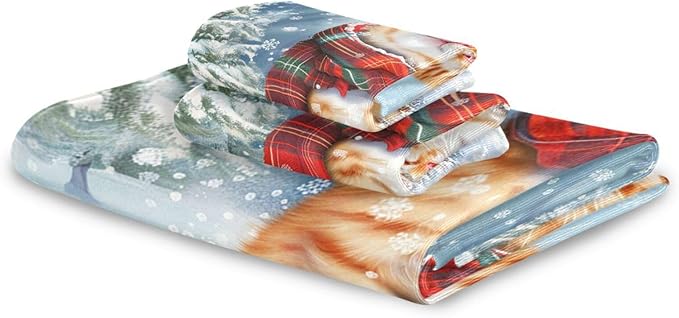 Christmas Winter Towels Set of 3 Cute Cat Wearing Plaid Scarf Bathroom Towel Soft Absorbent Bath Hand Towels Washcloth Guest Towel Sets Xmas Holiday Decor