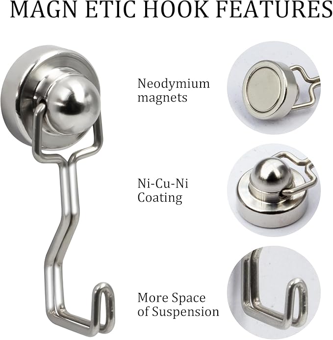 Strong Magnetic Hooks Heavy Duty New Look Multipurpose for Cruise Cabin and Refrigerator,Round Base Rare Earth Small Magnet Hooks for Hanging(Pack of 6)