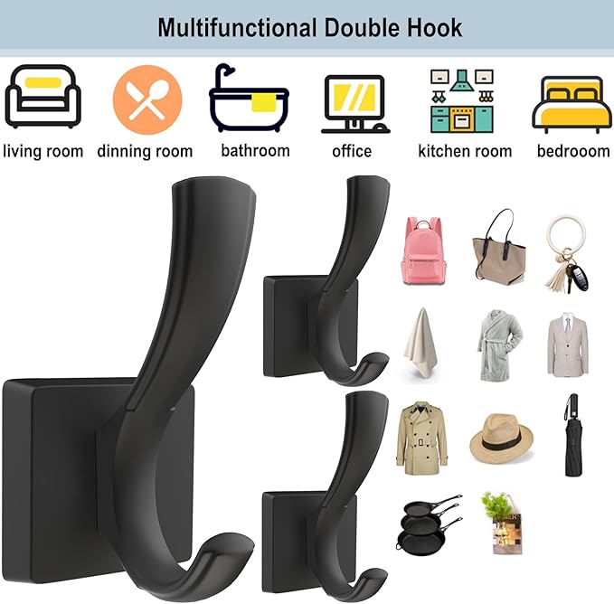 Black Hooks for Wall Towel Hooks, Heavy Duty Thick Aluminum Alloy Entryway Coat Hooks for Hanging Key Robe Hat Backpack, Wall Mount Towel Hooks Bath Kitchen Garage Hooks(4 Pack, Black)