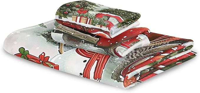 Snowman Red Truck Xmas Tree Towels Set of 3 Christmas Winter Bathroom Towel Soft Absorbent Bath Hand Towels Washcloth Guest Towel Sets Merry Christmas Xmas Bathroom Decor Gifts