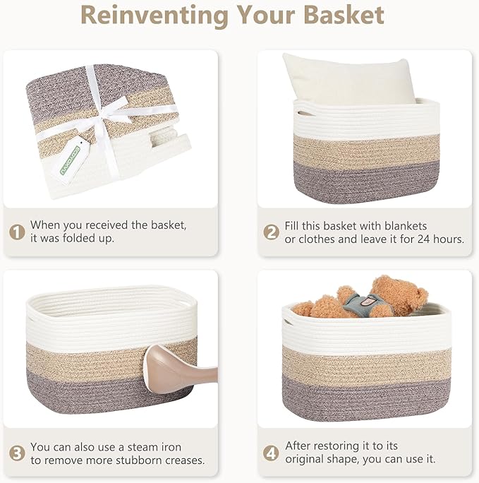 Cotton Rope Basket, Storage Baskets with Handle, 15x10x9 Inch Woven Basket for Shelves, Laundry, Towels, Clothes, Books, (Black Brown 1 Pack)