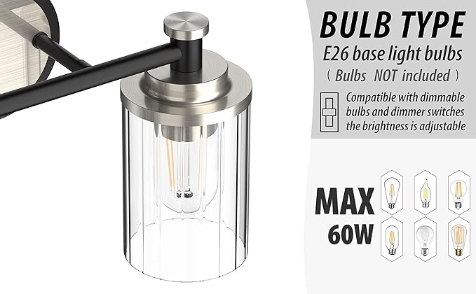 Bathroom Lighting Fixtures Black and Brushed Nickel Bathroom Vanity Light with Cylindrical Clear Stripes Glass Lampshade E26 Socket Base Bathroom Lighting Fixtures Over Mirror (4 Lights)