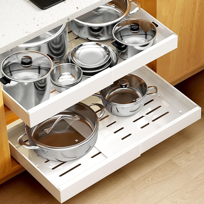 4Pack Expandable Pull Out Cabinet Organizer 21" Deep - Sliding Drawer Organizer Roll Out Shelves Adhesive - Adjustable Width 15.2"-26.2" W (White)