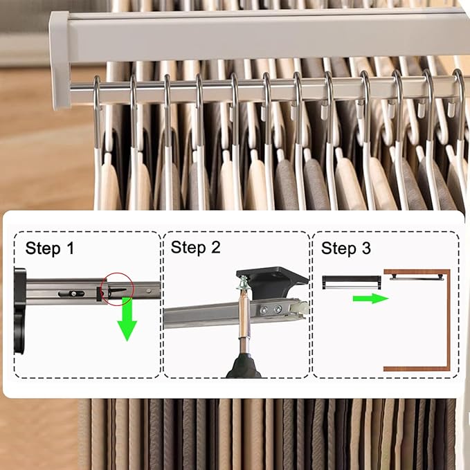 Pull Out Closet Valet Rod, Adjustable Sliding Heavy Duty Steel Top Mounted Clothes Storage Hanger Rail for Closet Wardrobe (292mm/11.5inch)